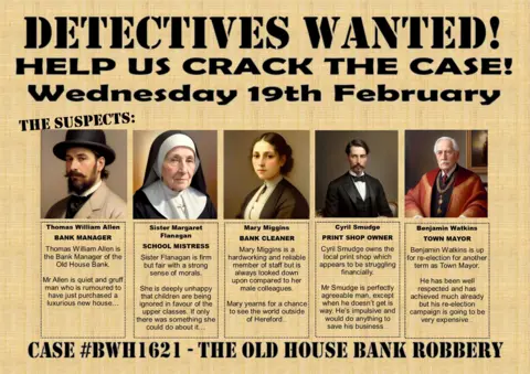 Herefordshire Council A old-style wanted poster with 'detectives wanted' at the top. There are pictures of five suspects with descriptions and names written underneath. 