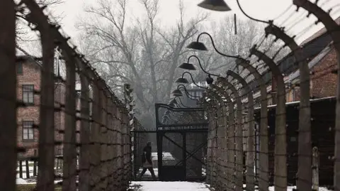 Getty Images A visitor at the former Nazi German concentration camp Auschwitz-Brikenau. There are large, dark gates and towering fences, and buildings on either side of the barriers, with wintry trees ahead. There is snow on the ground.