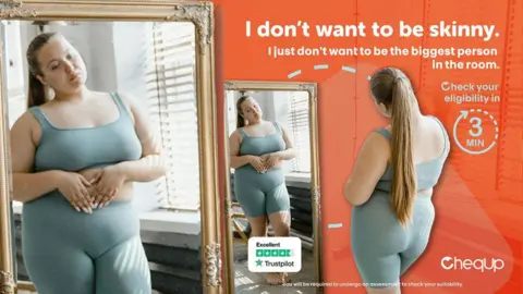 CheqUp A picture of CheqUp's advert showing a woman in a grey vest and with a ponytail looking in a mirror. Her quote is in text saying "I don't want to be skinny. I just don't want to be the biggest person in the room".
