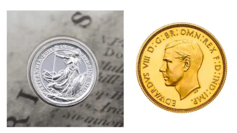 The Royal Mint On the left is a 20mm silver coin struck from recovered bullion. It shows the image of Britannia. On the right against a white background is a sovereign bearing the portrait of Edward VIII. Unsurprisingly it is particularly shiny as it didn't have the chance to go into circulation before his abdication after 10 months, in December 1936