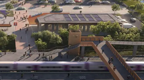 A computer generated image of a railway station.  With a pedestrian bridge over a railway line in the foreground, with a train passing by and a single-storey station building.