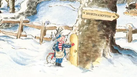 Royal and Derngate Illustration of the The Jolly Christmas Postman. There is a snow on the ground, a tree trunk with a door on it with sign saying "Northampton". The postman is looking at the sign in a blue uniform and red and white striped scarf while holding a bike