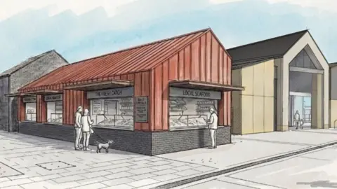 An architectural illustration showing proposed buildings in a redeveloped waterfront/harbour area. The style is a design visualisation, which is part of planning proposals for new facilities.
