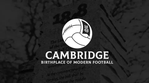 A logo shows a white football on a black background. The date 1848 is written on the ball. Words beneath, also in white, say: "Cambridge birthplace of modern football."