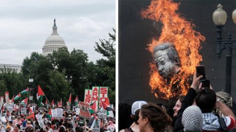 Protests in Washington DC, people wave flags and an effigy of Netanyahu burns 