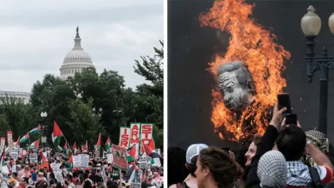 Protests successful  Washington DC, radical   question    flags and an effigy of Netanyahu burns 