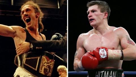 Split image of stats of Jane Couch celebrating and Ricky Hatton in the ring 