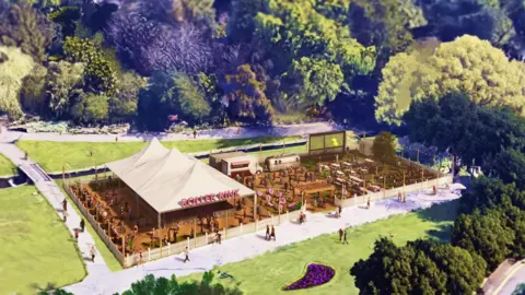 Summer Skate A CGI image of the proposed plans for the roller park. A tent can be seen alongside a bar, food trucks and a big screen.