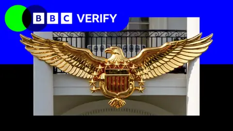 A composite image showing the BBC Verify logo next to an AI-generated image of a golden eagle with it's wing's spears across the front of the Truman balcony at the White House