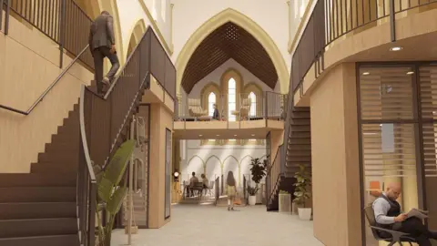LDRS A digitally generated image showing what the inside of the church may look like once it has been transformed. Staircases leas up both sides of the church to office spaces with a large shared area on the far wall.