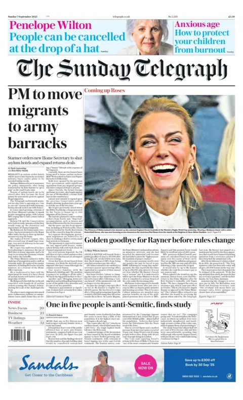 The headline on the front page of the Sunday Telegraph reads: "PM to move migrants to army barracks".