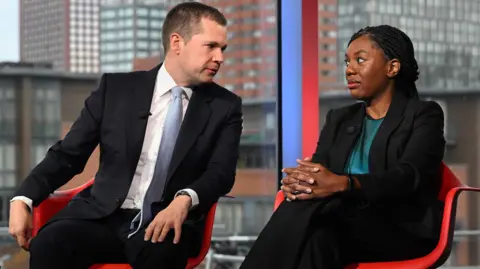 BBC Robert Jenrick sits in a red chair on the left and Kemi Badenoch in a chair on the right. Jenrick turns to Badenock to speak to her.