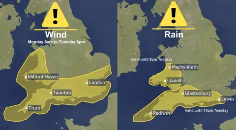 Two maps showing how far-reaching the yellow wind and rain warnings are, with the yellow wind warning covering southwest Wales, south and southwest England; and the yellow rain warning covering most of Wales.