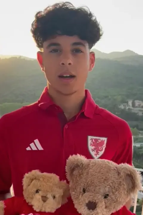Antonio Romano A young boy with dark hair, wearing a red Wales polo shirt and holding two teddy bears in matching red shirts. Behind him are green fields and mountains.
