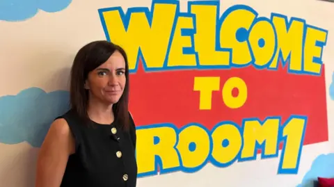 Gayle Macdonald standing in front of a colourful classroom wall mural that reads “WELCOME TO ROOM 1,” with bright yellow, blue, and red lettering, cloud illustrations, and cushions arranged along the wall.