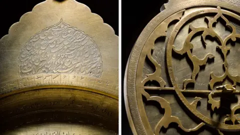 Courtesy Sotheby's Close up image of the inscriptions and the ecliptic ring of the astrolabe showcase the fine craftsmanship. 
