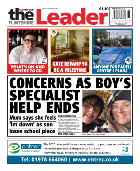 Flintshire Leader The Front page of the Flintshire Leader has a headline 'Concerns as boy's specialist help ends' with a sub headline 'Mum says she feels 'let down' as son loses school place'. It is accompanied by a selfie of a young boy and his mum who are both wearing glasses. They are smiling and are wearing hooded tops with the hoods up. There is hay behind them. Another headline says 'Cafe revamp to be a milestone' with a photo of the interior of a cafe, with tables and seating and a large window and a sign on the wall saying 'Y Caffi'.