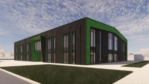 Cumberland Council Artist's impression of the hub. It is painted black and green and has a number of windows stretching across two storeys. It looks like it is clad in something mimicking wood, but is just a drawing so will not look a great deal like the finished building. It has the air of a typical business centre, not quite a shed but somewhat clinical, functional like a teaching block or library at a new university.
