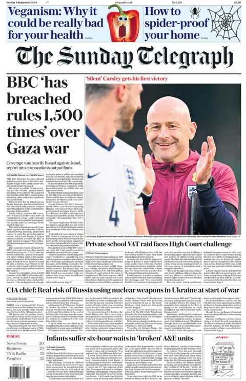 The Sunday Telegraph headlines the "BBC 'has breached rules 1,500 times' implicit    Gaza war