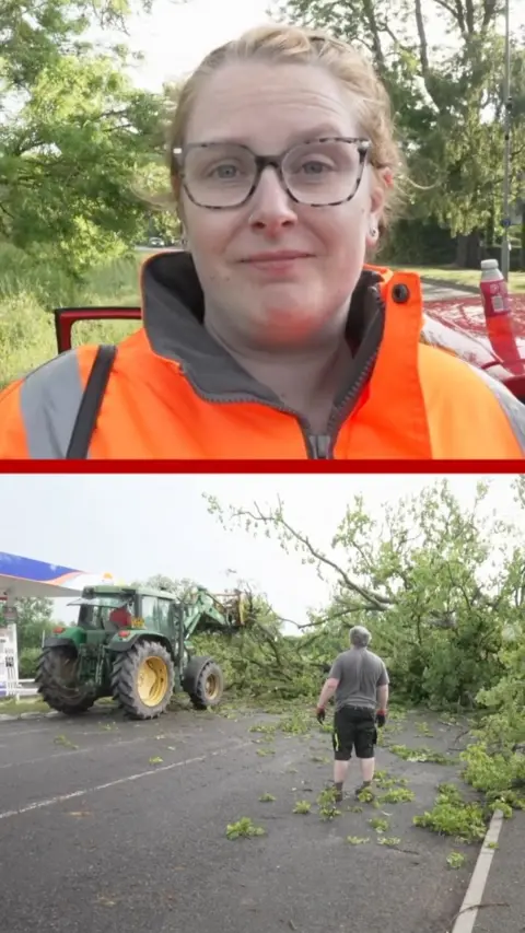 Split screen of a woman and, below, a tree fallen on to a road with a tractor