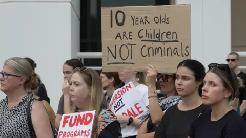 BBC/Simon Atkinson Protesters opposing the caller   instrumentality    reason  that jailing 10-year-olds is not a sustainable semipermanent  solution   