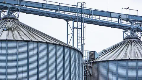 Getty Images Two metal grain silos connected by a walkway.