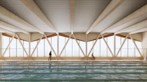 GT3 Architects The main pool at the Cranleigh leisure centre will have six lanes and dedicated seating for spectators.