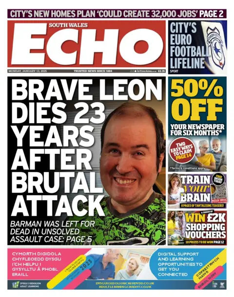 South Wales Echo The front page of the South Wales Echo