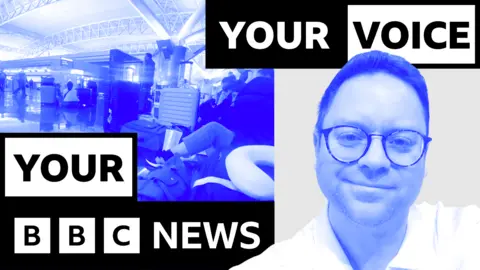 A composite image featuring a stranded passenger, overlaid by a banner which reads: "Your voice, your BBC News"