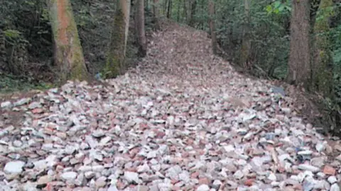Bradford Council In a woodland, a makeshift path of broken bricks and small blocks of cement extends into the distance through the trees. The track is wide enough for a vehicle to use.