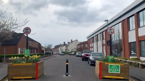 A couple of wooden planters, full of daffodils, with a bollard in the middle preventing traffic from getting down a terraced road.