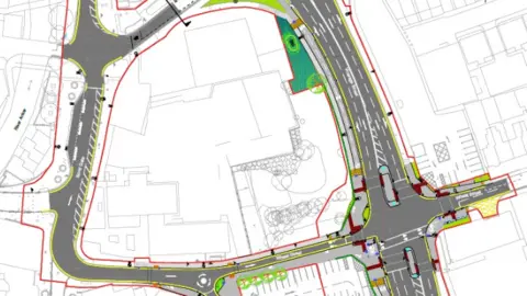 Warwickshire County Council A map of a road, highlighted in grey with red and green lines to indicate planned work