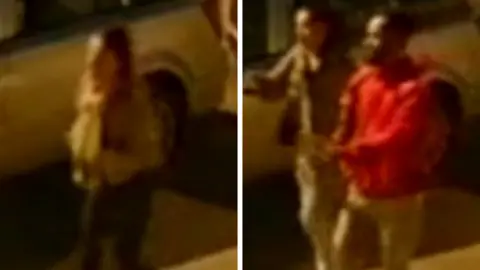 West Midlands Police A composite image - on the left is a blurred cctv image of a person in a light coloured jacket and dark trousers walking past a car. On the right are two people, a man in an orange top and light coloured trousers and possibly a woman in brownish top