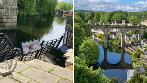 BBC/Seb Cheer An image of a collapsed walkway alongside an image of Knaresborough viaduct, with orange barriers and the collapsed walkway underneath.