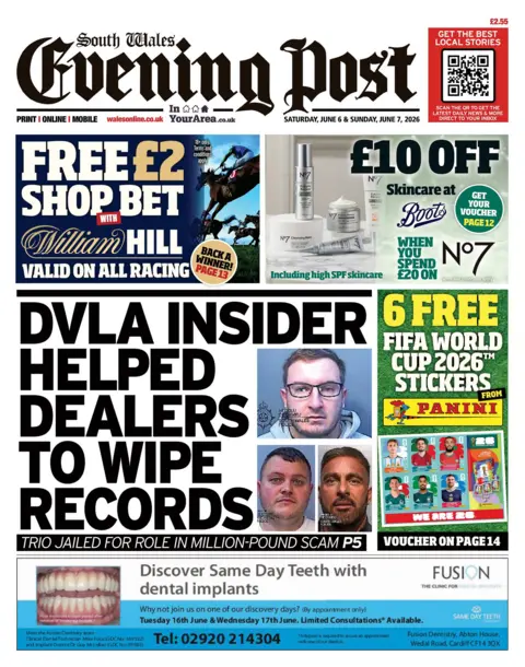 South Wales Evening Post Front page of the South Wales Evening Post has mug shots of three men and the headline dvla insider helped dealers to wipe records