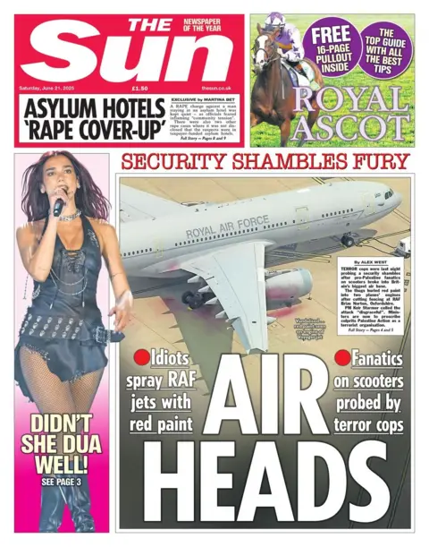 The headline on the front page of the Sun reads: "Security shambles fury: Air heads"