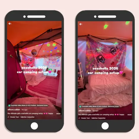 Ali Calder Picture of Coachella camping gazebo with a pink theme, memory foam mattress bed and portable shower.