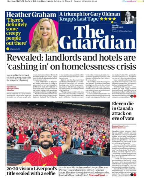 The front page of the Guardian newspaper. The headline reads: 'Revealed: Landlords and hotels are 'cashing in' on homelessness crisis'.