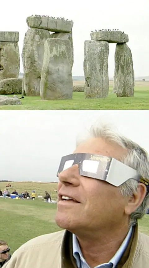 A split screen of Stonehenge and a man wearing protective glasses