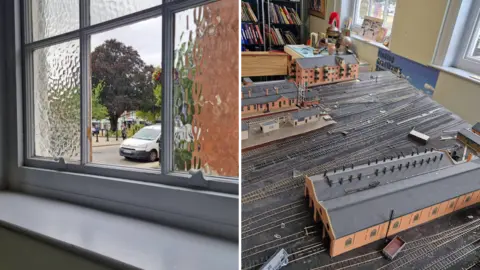 Grantham Museum Two images side-by-side. The photo on the left is of a broken window, taken from inside a building. The photo on the right is of a model railway with pieces out of place. 