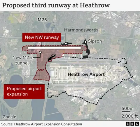 Heathrow Airport Expansion Consultation Map showing area around airport which would be demolished for a third runway