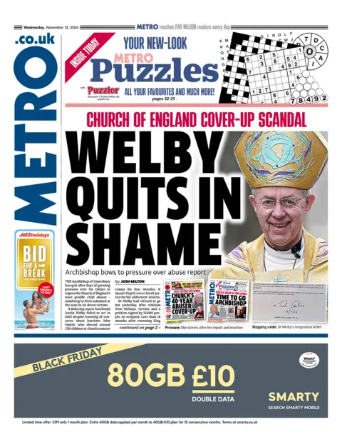 The headline in the Metro reads: "Welby quits in shame". 