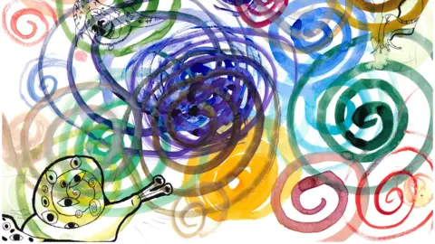 Putnoe Primary School A colourful image of a snail, at the bottom left of the frame, and colourful swirls have been painted. The colours are bright and bold, mostly red, purples, yellow, green and blue.