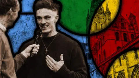 An illustration in the style of a stained glass window which include a photo of Jay Painter talking into a microphone