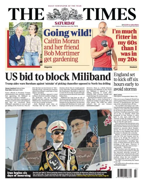 The headline on the front page of the Times reads: “US bid to block Miliband”.