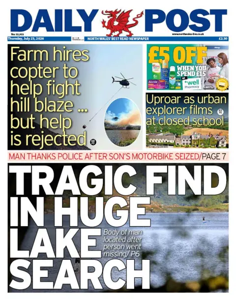 Daily Post Daily Post front page. The lead headline reads: Tragic find in huge lake search. Body of man located after person went missing. 
