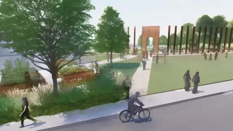 An artist's impression showing a grass area alongside a pavement. Large posts and an archway are visible in the distance. There are trees in the foreground to the left.