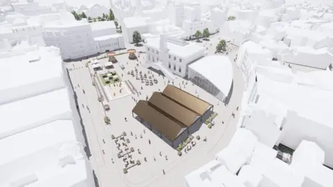 Leicester City Council An artist impression of the new look market proposal, with a small market on part of the site and some sort of event taking place nearby