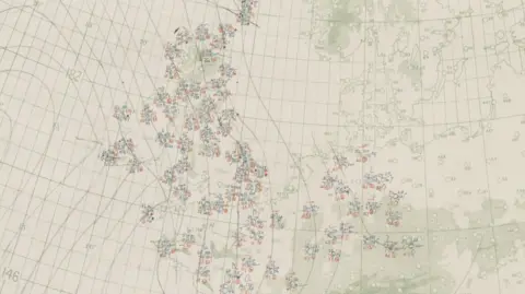 Met Office The hand-drawn weather chart shows the United Kingdom and parts of Western Europe with lines indicating isobars and small blue and red figure and symbols showing weather observations