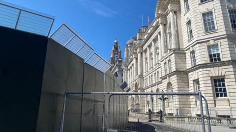 High security fencing at Liverpool's Pier Head